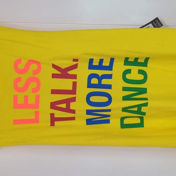 ❤️5/$25 ⭐NWT Zumba Less Talk More Dance Yellow Muscle Instructor Shirt - Picture 2 of 7